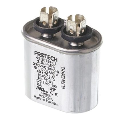 Part # 43-25134-01 Single Oval Capacitor - 3 uF, 370 VAC, 1.310 x 2.160 x 2.630 (max.) in. 3/370 single oval hvac capacitor Certified to the highest level of UL 810 Tested and approved for 5,000 AFC Exact fit for OEM equipment when selected from unit parts lists.