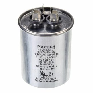43-25133-07 - Dual Round Capacitor - 50/3 uF, 370 VAC, 2.620 x 3.350 (max.) in. 43-25133-07 - Dual Round Capacitor - 50/3 uF, 370 VAC, 2.620 x 3.350 (max.) in. 43-25133-07 - Dual Round Capacitor - 50/3 uF, 370 VAC, 2.620 x 3.350 (max.) in. 43-25133-07 - Dual Round Capacitor - 50/3 uF, 370 VAC, 2.620 x 3.350 (max.) in. Genuine Parts Part # 43-25133-07 Dual Round Capacitor - 50/3 uF, 370 VAC, 2.620 x 3.350 (max.) in. 50/3/370 dual round capacitor for a/c systems Certified to the highest level of UL 810 Tested and approved for 5,000 AFC