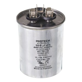 New OEM Genuine Rheem PROTECH part number 43-25133-12 Dual Round Capacitor - 35/5 UF, 440 VAC, 2.620 X 4.750 (Max.) In., 35/5/440