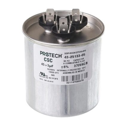 Rheem ProTech 43-25133-05 Dual Round Capacitor - 45/3 uF, 370 VAC.