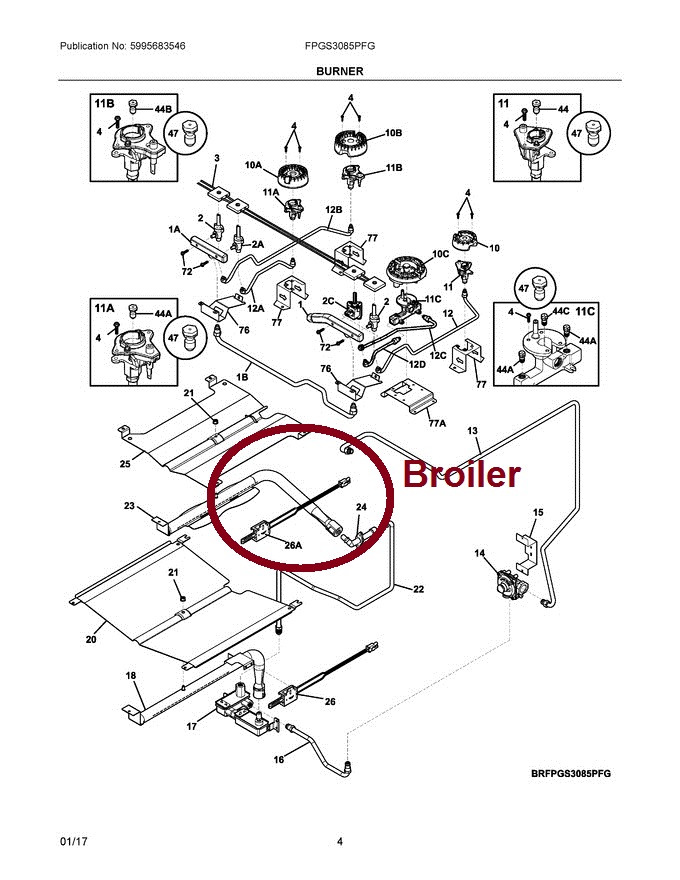 Broil Factory Genuine OEM Burner 139013701* Electrolux Frigidaire Ignitor